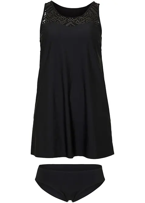 Lang tankini i hurtigtørkende materiale med blonder (2-delt sett), bonprix