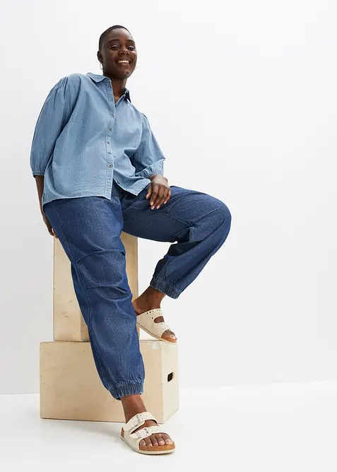 Jeansbluse med puffermer, av &oslash;kologisk bomull, bonprix