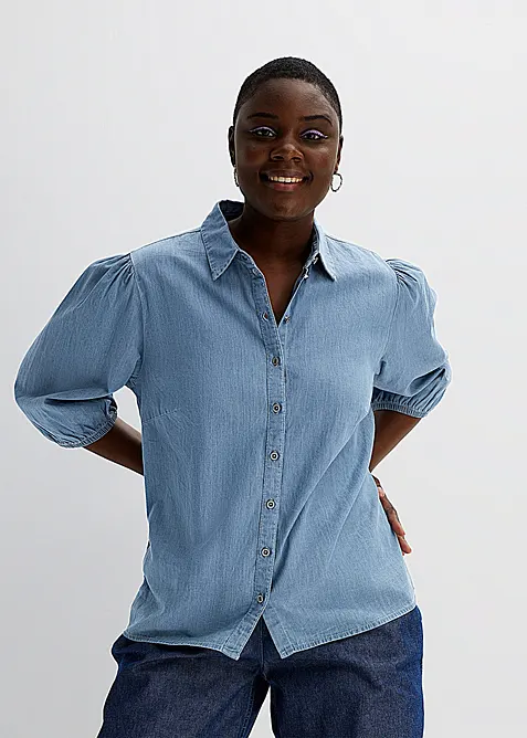 Jeansbluse med puffermer, av &oslash;kologisk bomull, bonprix