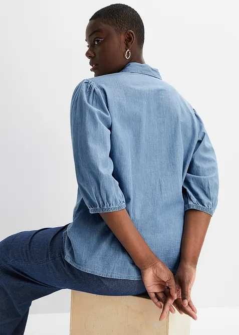 Jeansbluse med puffermer, av &oslash;kologisk bomull, bonprix
