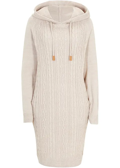 Strikket kjole med hette og flettemønster, bonprix