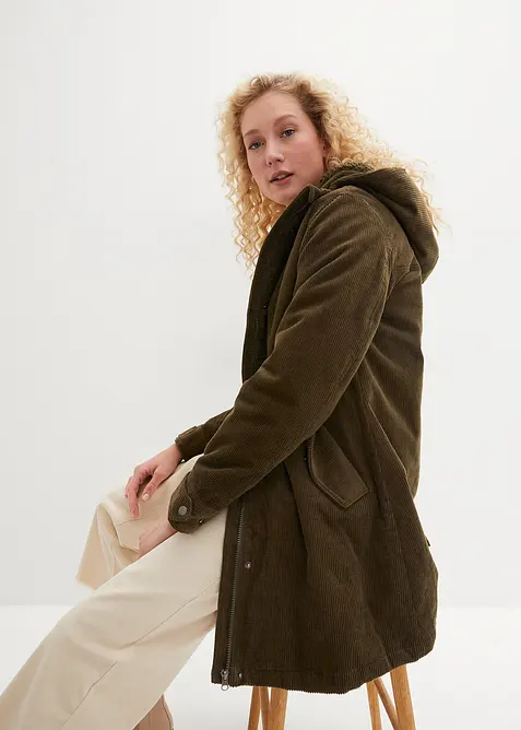 Varm cord-parkas med teddyf&ocirc;r i hetten, i A-fasong, bonprix