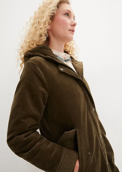 Varm cord-parkas med teddyf&ocirc;r i hetten, i A-fasong, bonprix
