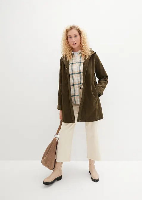 Varm cord-parkas med teddyf&ocirc;r i hetten, i A-fasong, bonprix