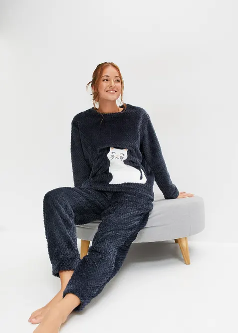 Loungewear kosedress av fleece med strukturmønster og applikasjon, bonprix