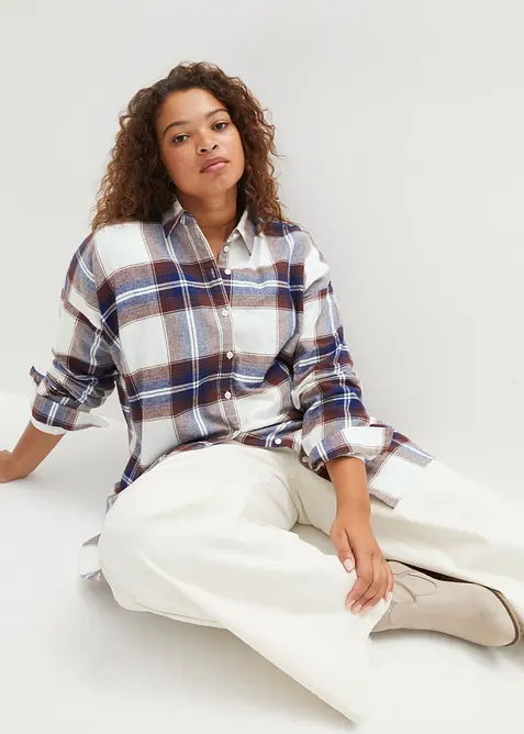 Lang skjortebluse av flanell i ren bomull, bonprix