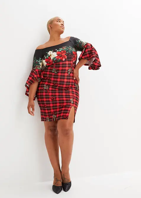 Kjole i formstabilt scuba-materiale med singoalla-utringing og julemotiv, bonprix