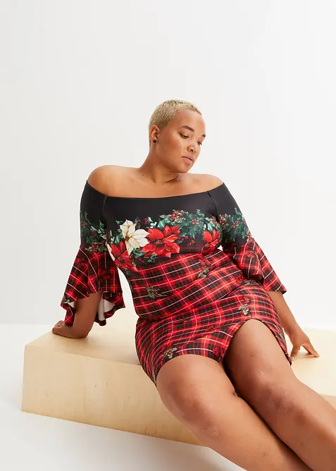 Kjole i formstabilt scuba-materiale med singoalla-utringing og julemotiv, bonprix