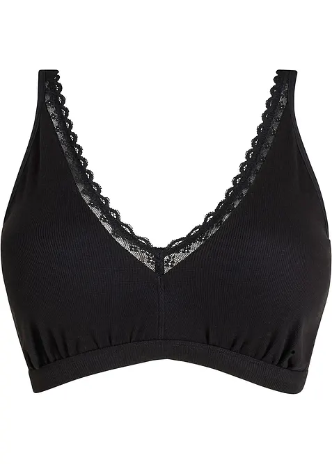 Bralette i ribbet materiale med &oslash;kologisk bomull og blonder, bonprix
