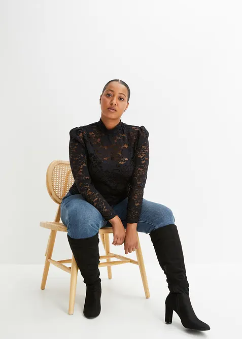 Figurnær, langermet topp med blonder, bonprix