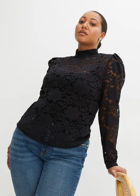 Figurnær, langermet topp med blonder, bonprix