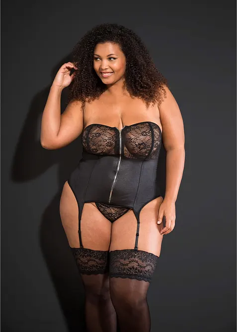 Korsett med str&oslash;mpeholdere og stringtruse (2-delt sett), bonprix