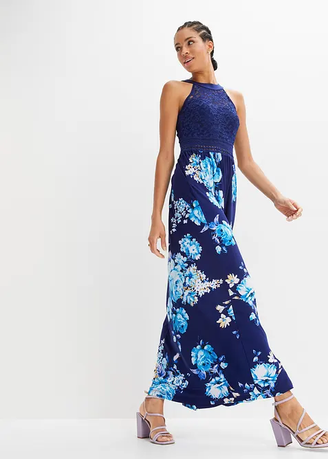 Maxi-sommerkjole med blomstertrykk og blonder, bonprix