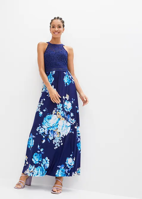 Maxi-sommerkjole med blomstertrykk og blonder, bonprix