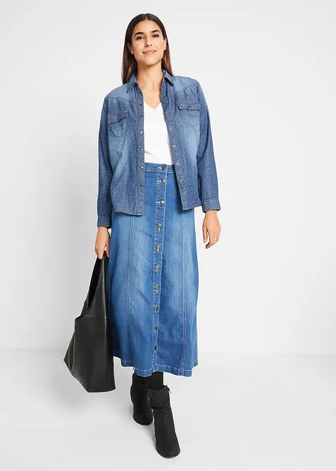 Jeansskjørt i komfortstretch, midi lengde, bonprix