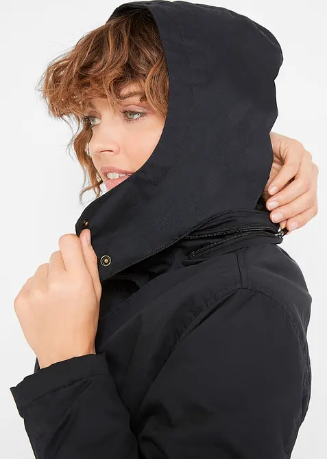 Lang trenchcoat med hette, innsvinget, lett f&ocirc;ret, bonprix