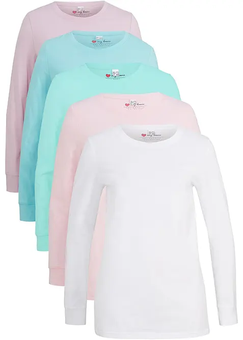 Lang, langermet topp med rund hals (5-pack), bonprix