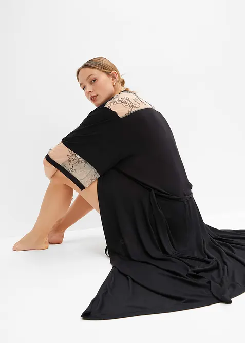 Lang kimono i viskose med broderi, bonprix