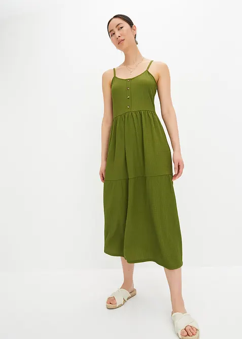 Jerseykjole med volanger og dekorativ knappestolpe, bonprix