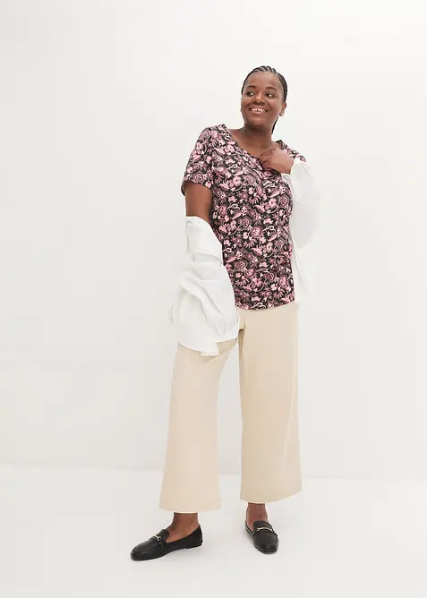 Ledig topp i flammegarn med avrundet nederkant, av &oslash;kologisk bomull, bonprix