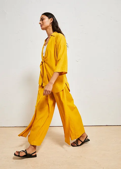 Bukse i luftig linmiks med vide ben, bonprix