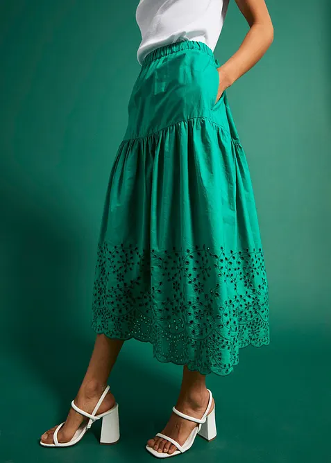 Midiskj&oslash;rt i 100% bomull med hullbroderier, bonprix