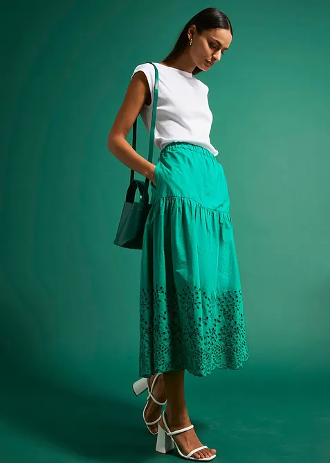 Midiskj&oslash;rt i 100% bomull med hullbroderier, bonprix