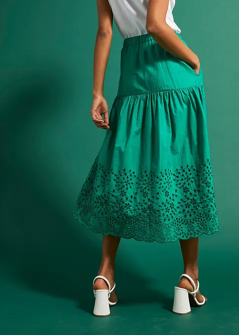 Midiskj&oslash;rt i 100% bomull med hullbroderier, bonprix