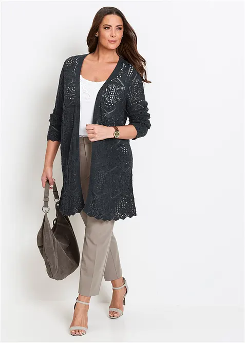 Lang strikkejakke med hullm&oslash;nster, bonprix