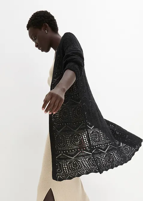 Lang strikkejakke med hullm&oslash;nster, bonprix