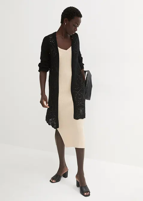 Lang strikkejakke med hullm&oslash;nster, bonprix