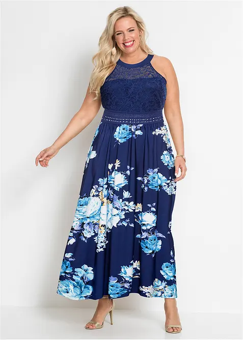 Maxi-sommerkjole med blonder og blomsterm&oslash;nster, bonprix