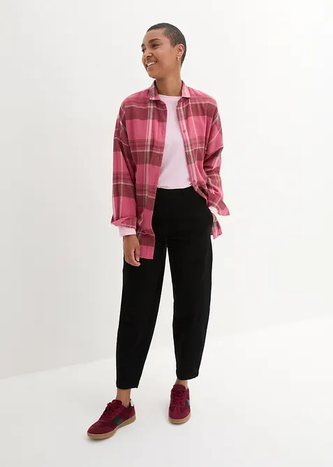 High Waist Barrel-twillbukse med forovervendte s&oslash;mmer i sidene og komfortlinning, bonprix