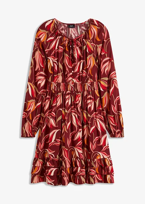 Vevd viskosekjole med smock-linning, knelang, bonprix