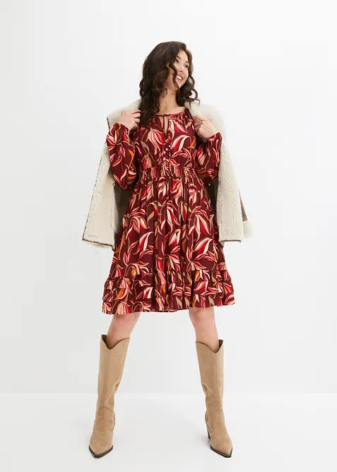 Vevd viskosekjole med smock-linning, knelang, bonprix