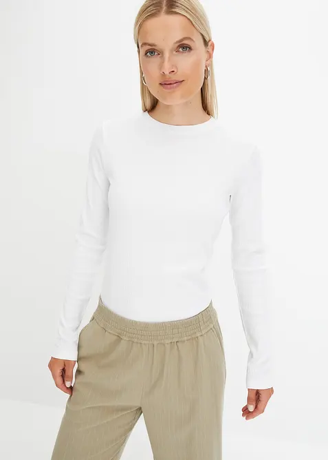 Ribbet, langermet topp i 100% bomull, bonprix