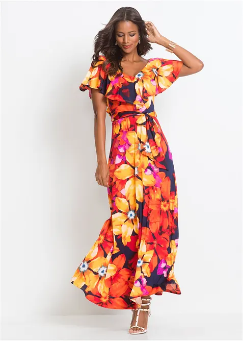 Maxikjole med volang og belte, bonprix