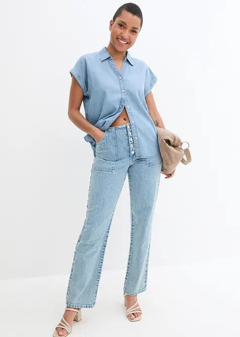 Kortermet denimskjorte med lin, bonprix