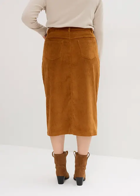 Cord-skjørt med stretch i midilengde, bonprix