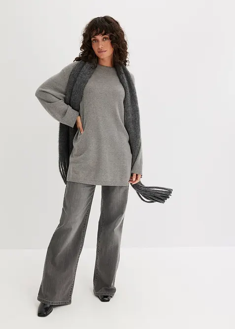 Lang finstrikket genser i viskosemiks med splitter i siden, bonprix