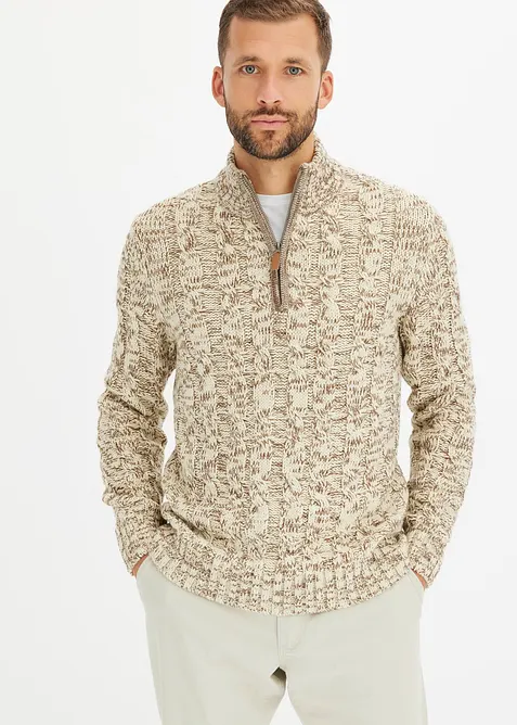 Kabelstrikket, half zip genser i melert garn, bonprix