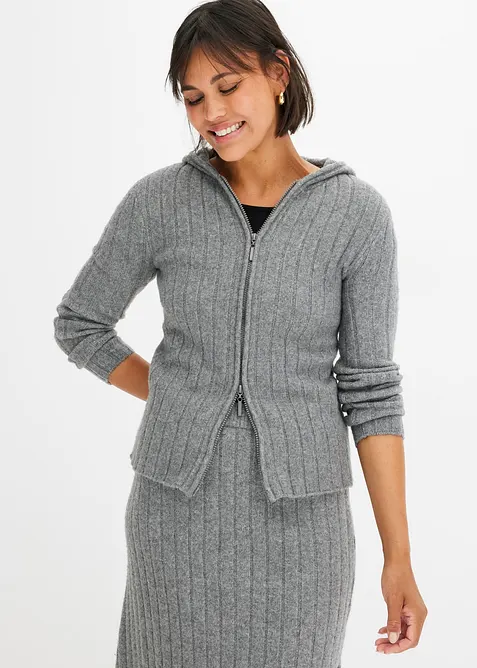 Cardigan i ribbestrikk med hette, bonprix