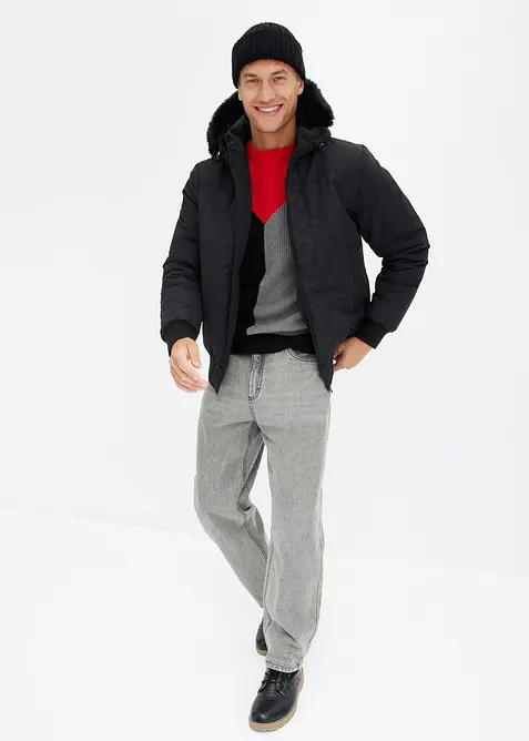 Vattert bomberjakke med hette med fuskepels, bonprix