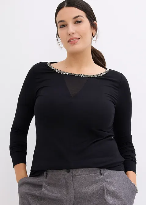 Topp med innfelt mesh og strass, bonprix