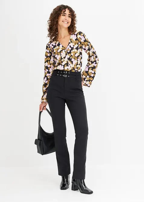 Bukse i materiale med stretch og belte (2-delt sett), bonprix