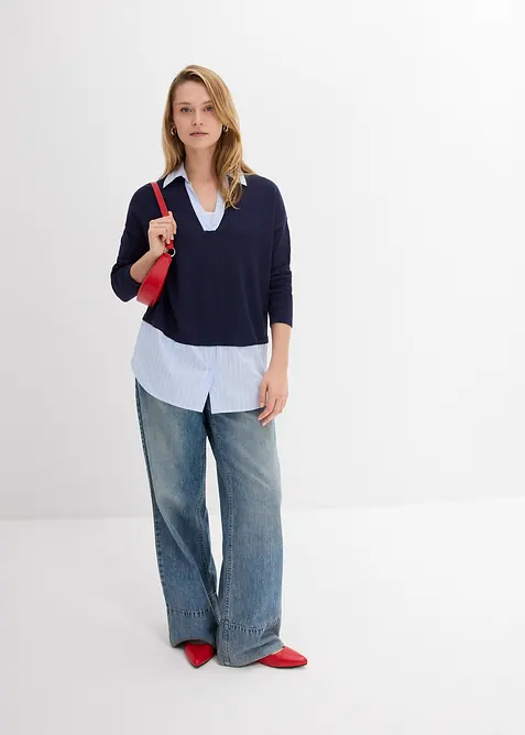 Genser i finstrikk med bluse-innfelling, bonprix