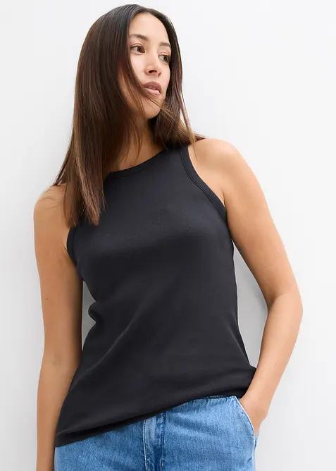 Ribbet topp i 100% &oslash;kologisk bomull (2-pack), bonprix