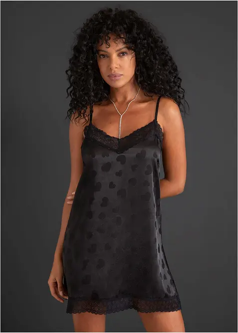 Neglisj&eacute; i sateng med hjerter, bonprix