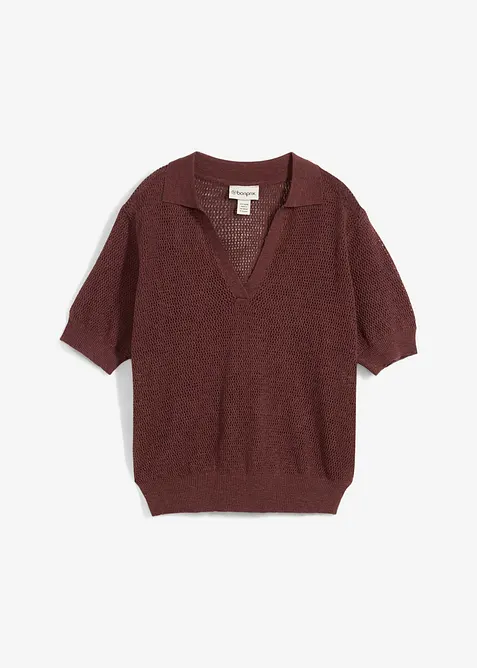 Strikket topp med lin, krage og hullm&oslash;nster, bonprix