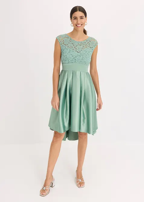 Kjole i glinsende sateng med blonder og lengre bakstykke, bonprix